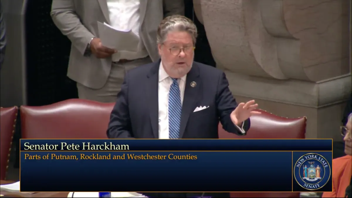 New York State Senator Peter Harckham speaks during a June 7, 2024, debate.