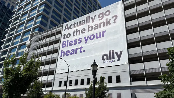 A white sign covering the side of a parking garage reads "Actually go to the bank? Bless your heart." The Ally wordmark and "Do it right." slogan can be seen in the bottom right corner.