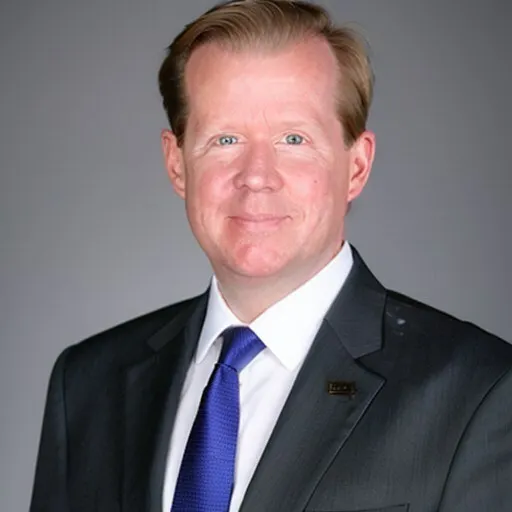 A smiling white man in a gray suite and blue tie.