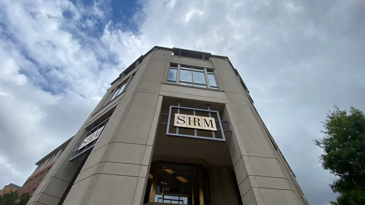 The Society for Human Resource Management logo is visible on the exterior of SHRM HQ