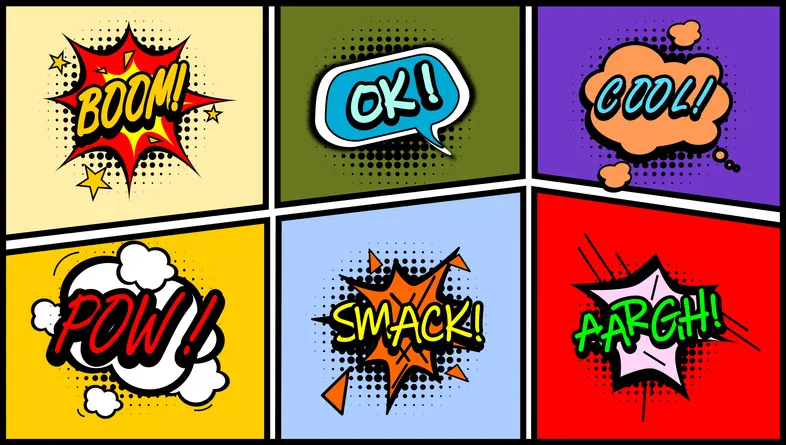 a grid of colorful comic book exclamations, boom, OK, smack, cool, pow, aargh