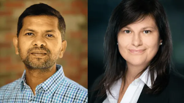 A split photograph with two executive headshots with the person on the left wearing a blue checkered shirt while the person on the right is wearing a black blazer and white shirt.
