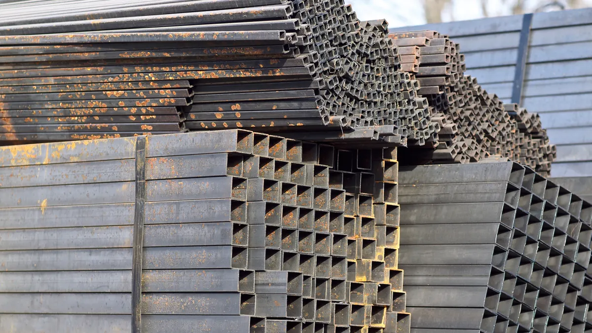Metal profiles of different kinds are located in the metal products warehouse