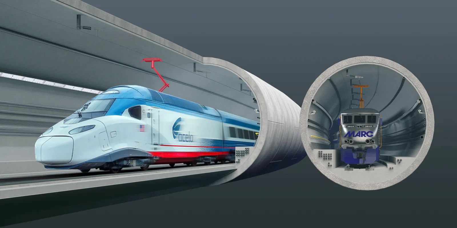 Illustration showing trains in the future Frederick Douglas Tunnel in Baltimore.