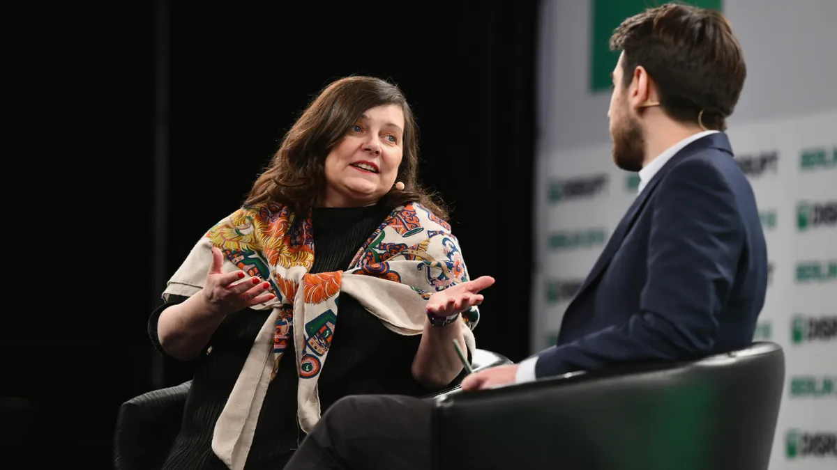 CEO of Starling Bank Anne Boden answers questions during an onstage interview at TechCrunch Disrupt Berlin.