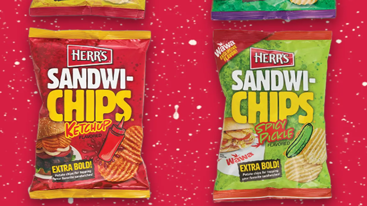 Bags of the four varieties of Herr's Sandwi-chips on a red background with white spatter paint.