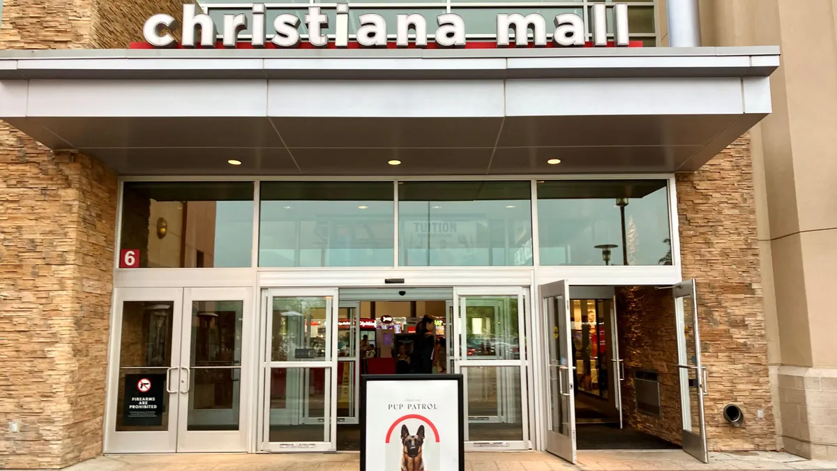 An entrance at the Christiana Mall in Delaware in 2024