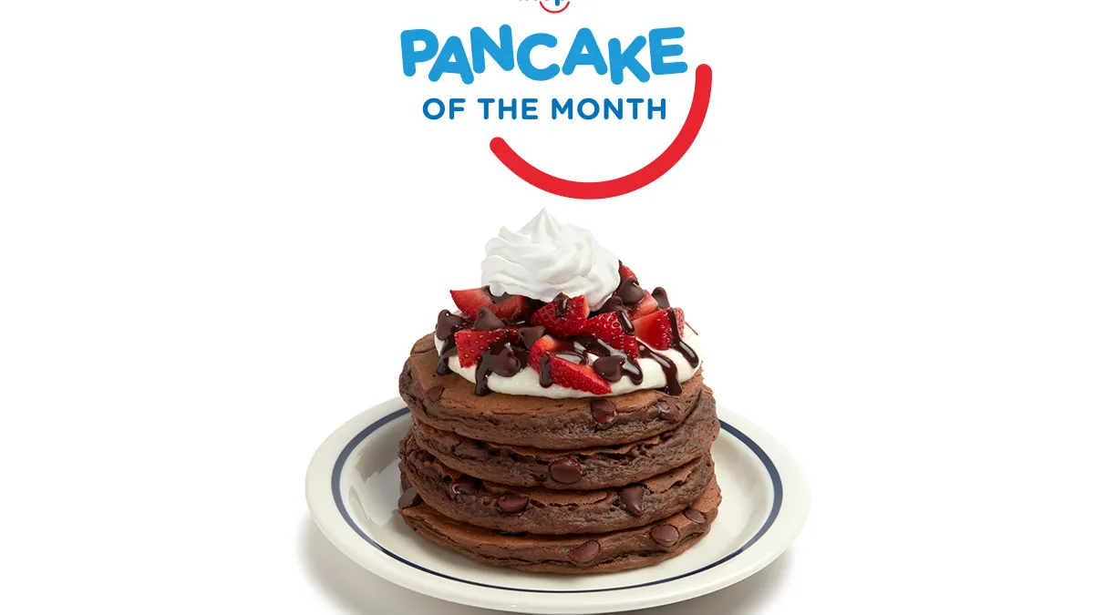 A promotional picture of IHOP's chocolate strawberry pancakes.