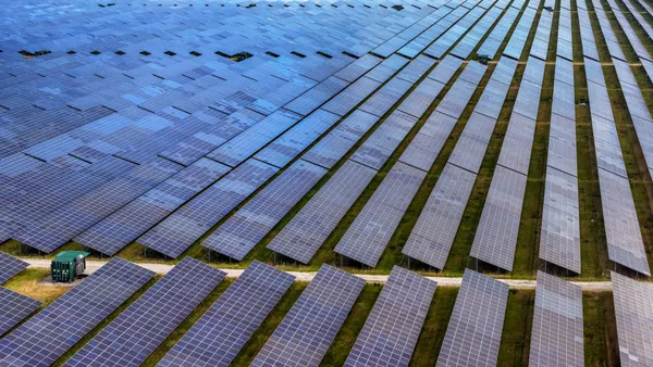 An aerial view of the Shotwick Solar Energy Park on February 25, 2025 in Deeside, Wales.