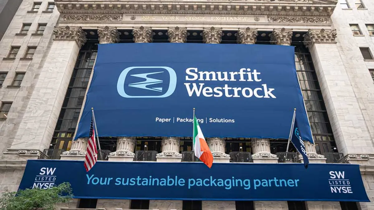 A Smurfit WestRock banner hangs in front of the New York Stock Exchange