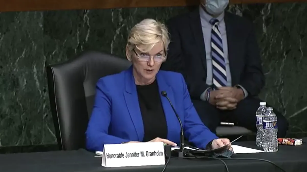 Former Michigan Gov. Jennifer Granholm answers questions at her confirmation hearing to lead the Department of Energy, before the Senate Committee on Energy and Natural Resources.