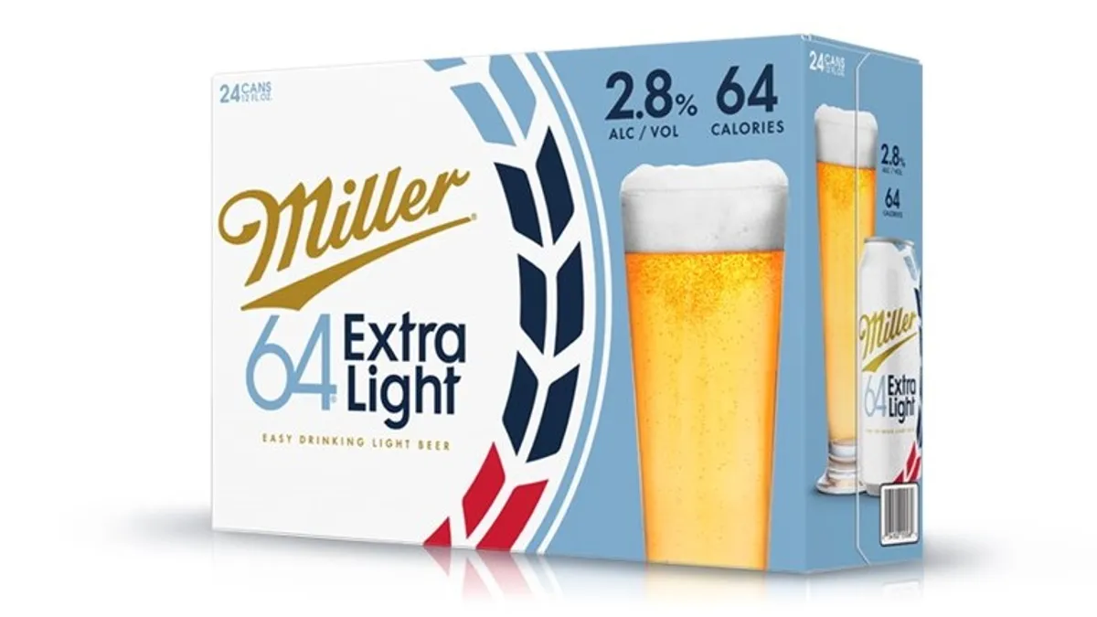 The new packaging of Miller Extra Light in front of a white background.