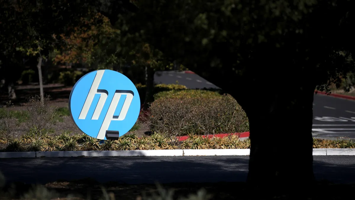 The Hewlett Packard (HP) logo is displayed in front of the office complex on October 04, 2019 in Palo Alto, California.