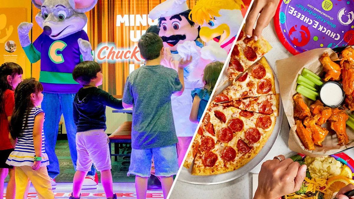 An image of Chuck E. Cheese menu items and kids playing at a Chuck E. Cheese restaurant