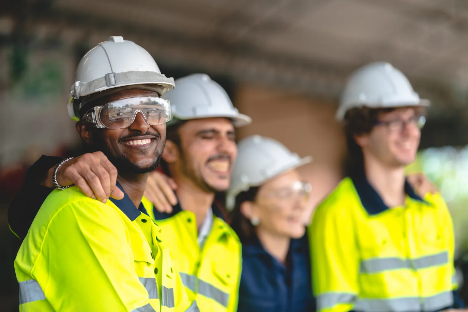 construction workers wearing hard hats smile and stand together