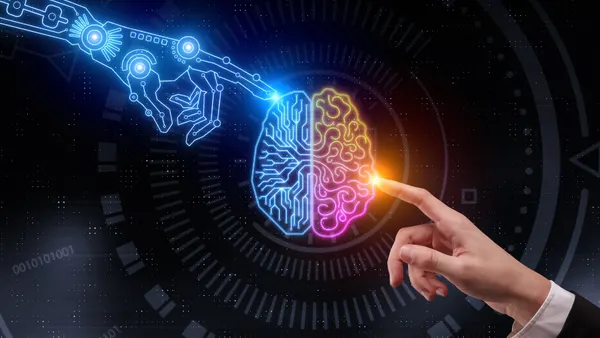 Human hand and AI hand touching a brain