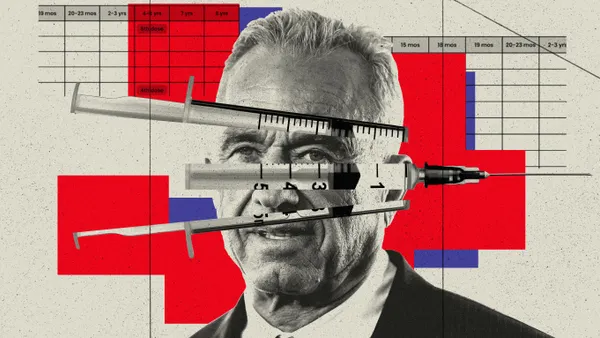 A stylized collage of Robert Kennedy Jr with a fragmented laid over the portrait with a dose chart in the background.