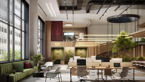 A rendering shows a modern office space.