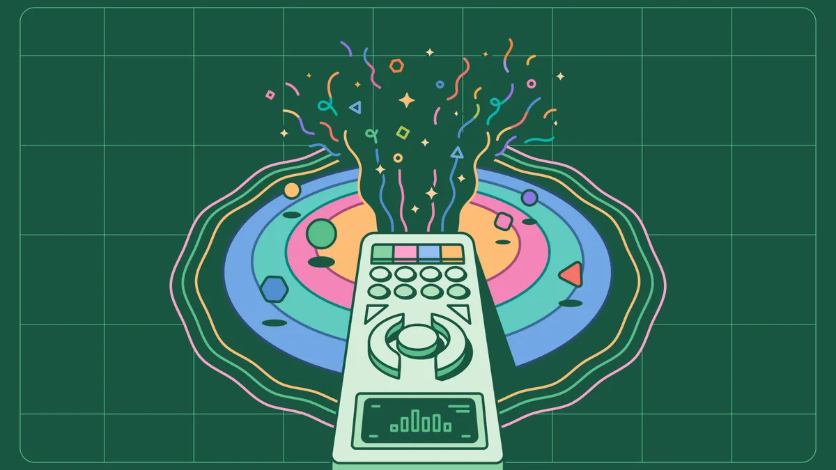 a stylized remote control emitting celebratory confetti