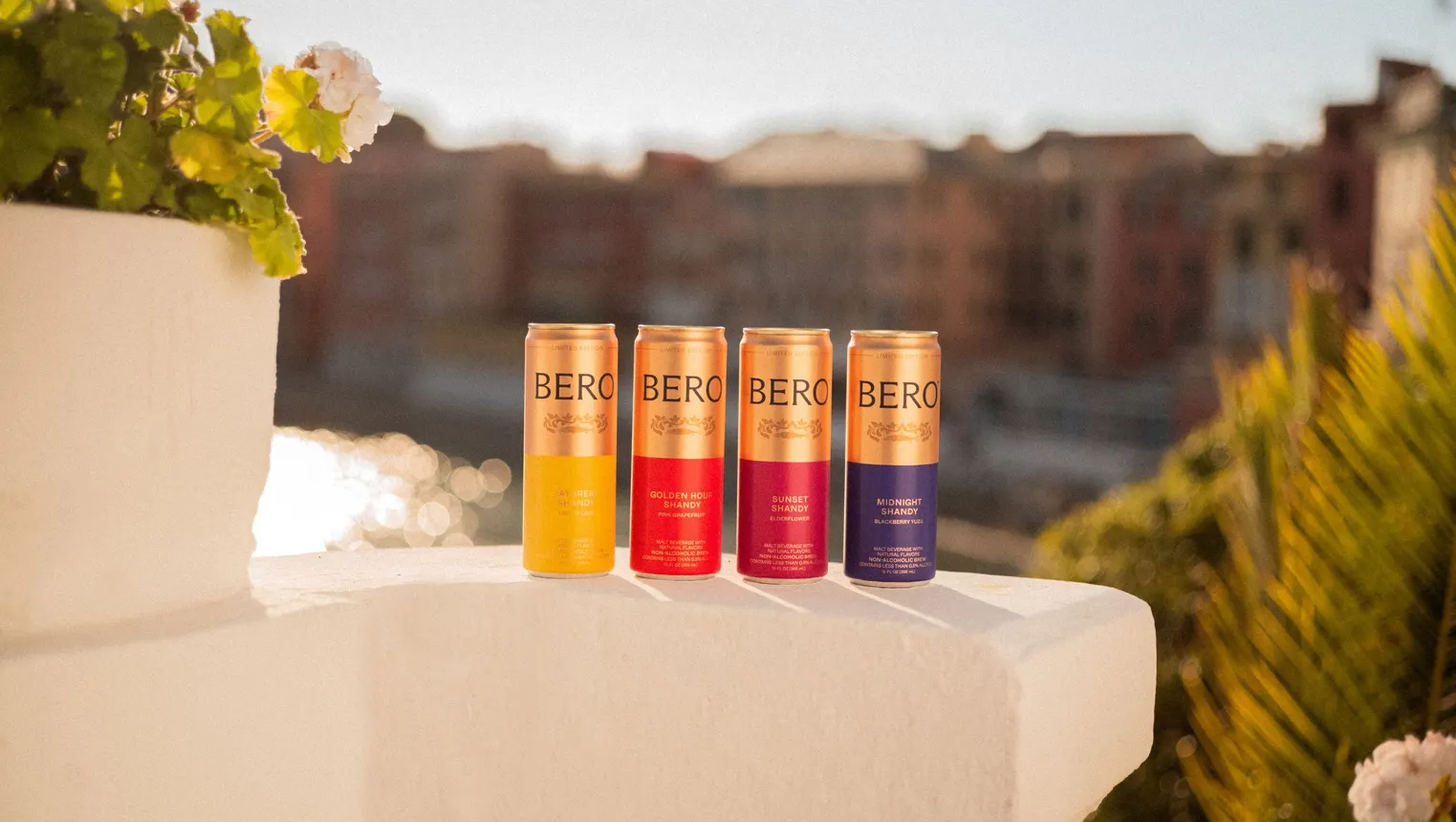Four cans of Bero are pictured outdoors.
