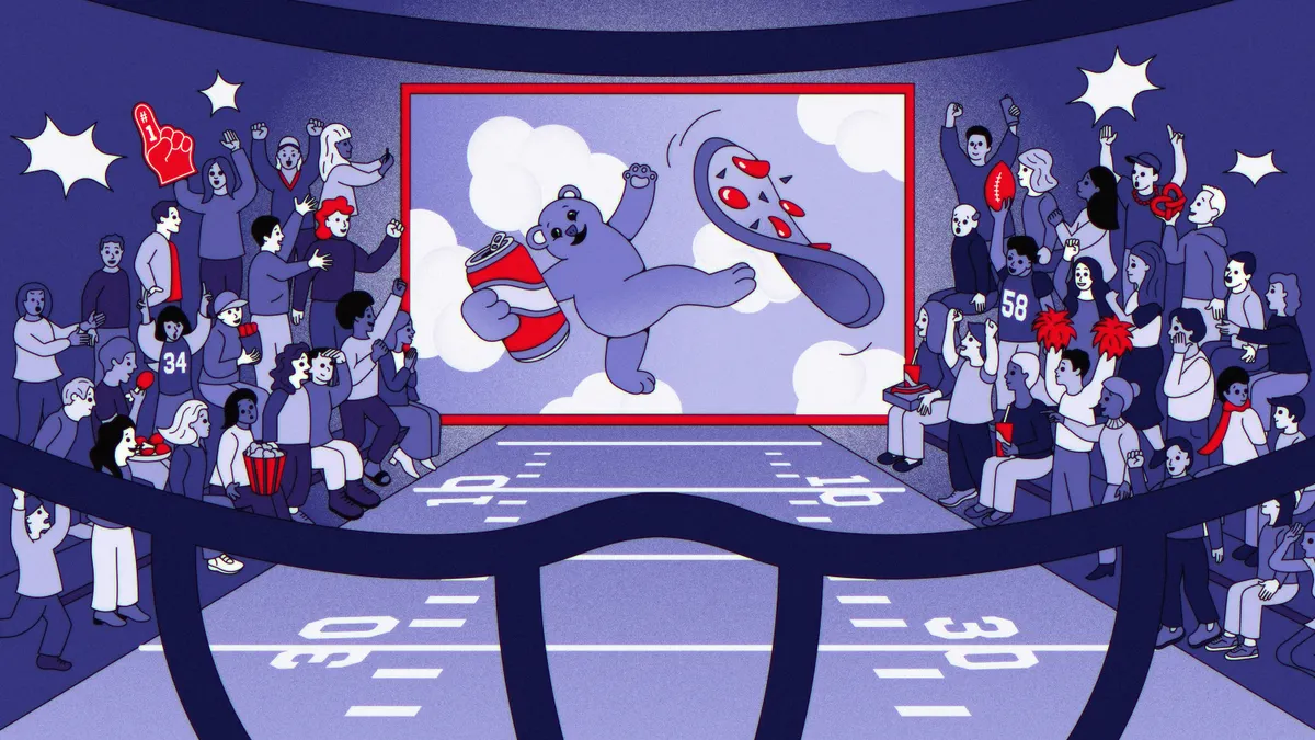 Illustration of a crowded football stadium where fans on both sides cheer toward a giant central screen showing a cartoon bear floating in clouds, holding a soda and kicking a football. The scene uses a purple and red color palette, with yard lines on the field and enthusiastic spectators raising foam fingers, snacks, and pom-poms.