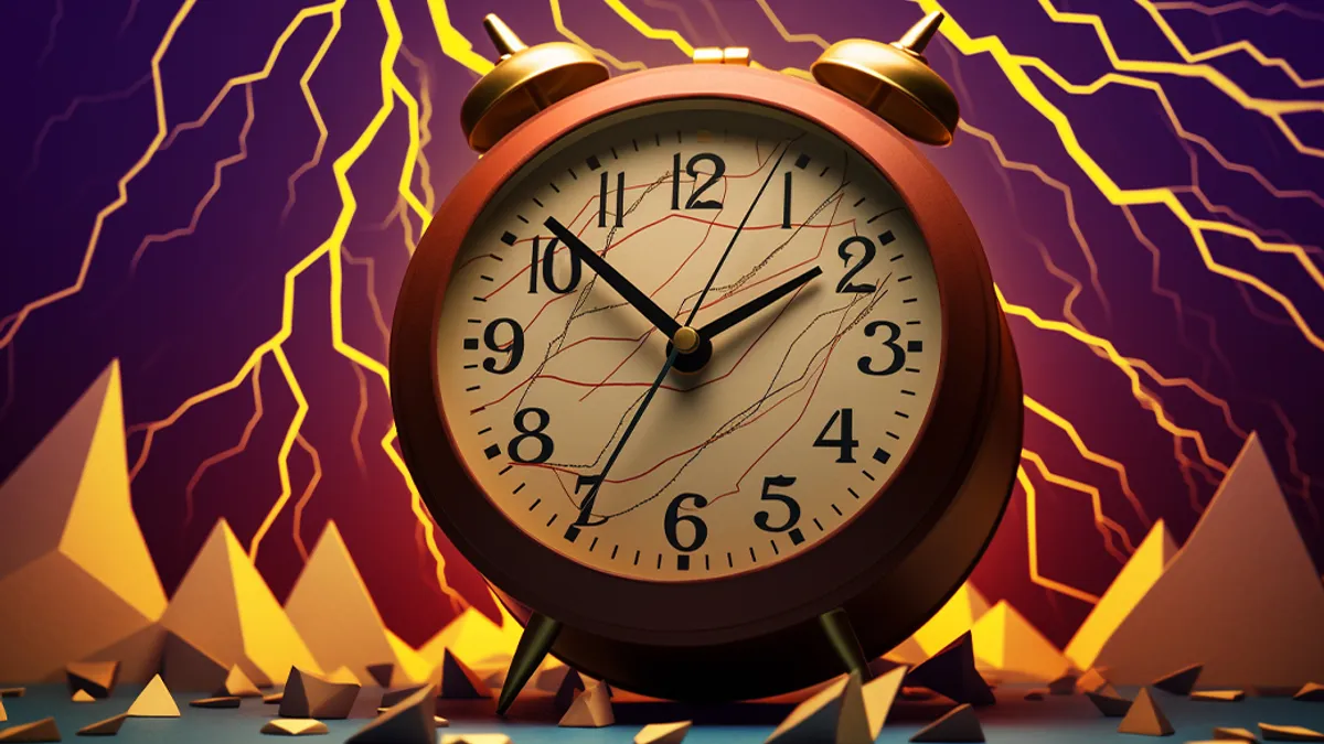 A clock in front of an illustrated lighting storm background