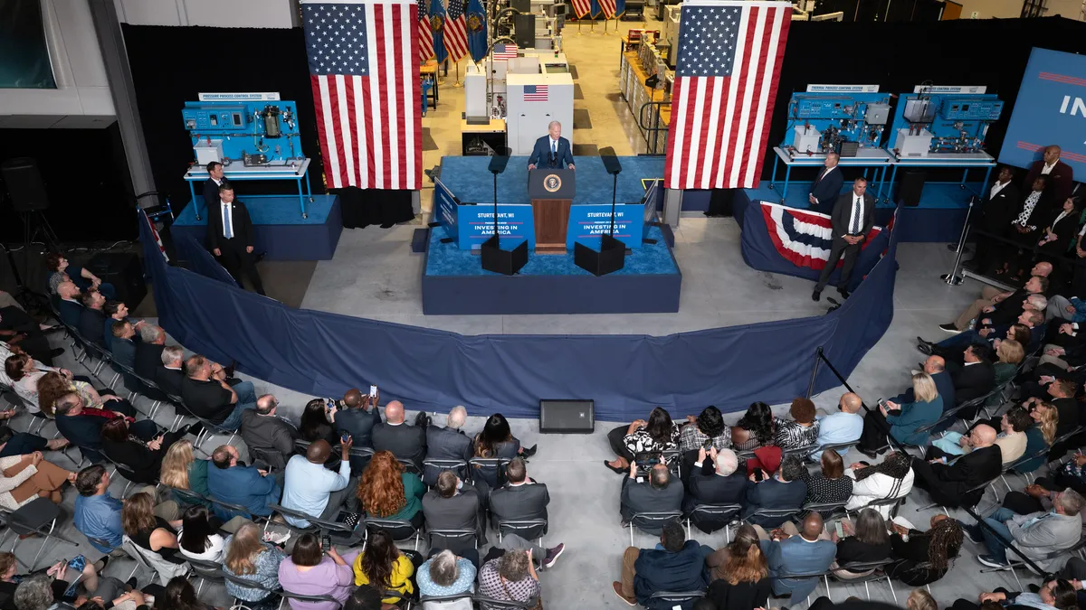 U.S. President Joe Biden speaks to guests during an event at Gateway Technical College’s iMet Center on May 08, 2024 in Sturtevant, Wisconsin.