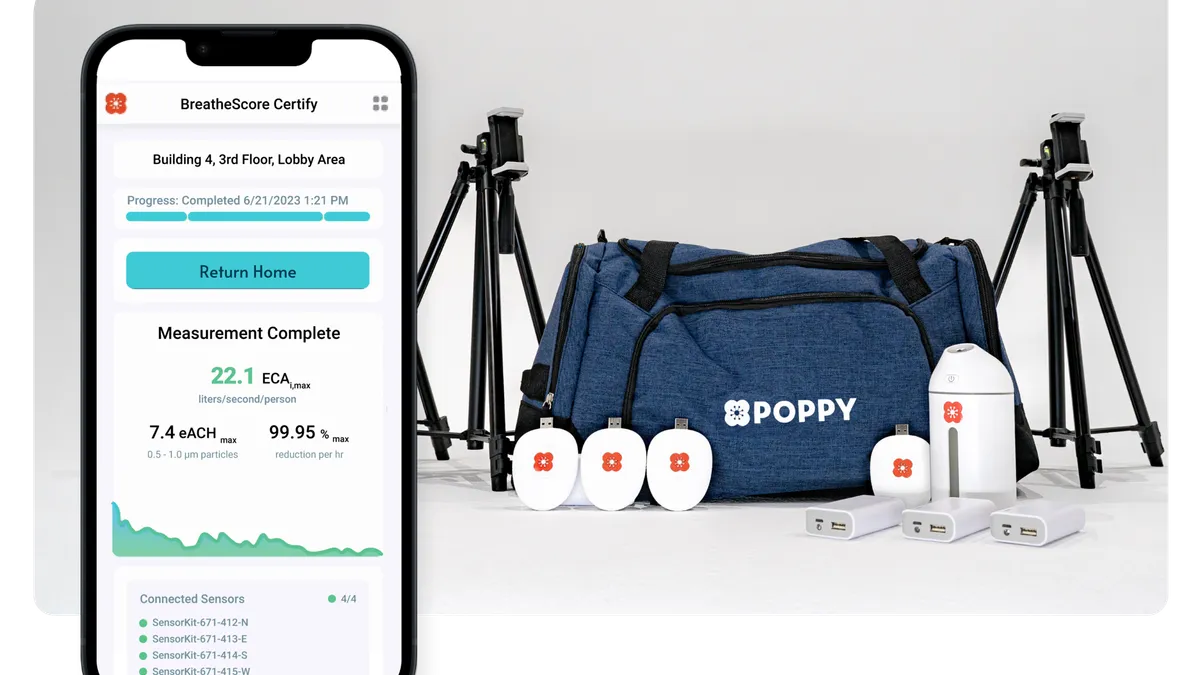 Poppy's BreatheScore Kit product image, including sensors and phone app interface.