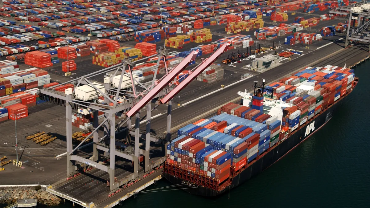 Shipping containers are left stacked in the Port of Los Angeles on October 2, 2002 in Long Beach, California.