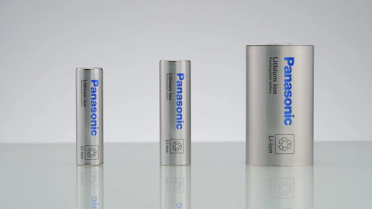 Three sizes of lithium ion batteries produced by Panasonic.