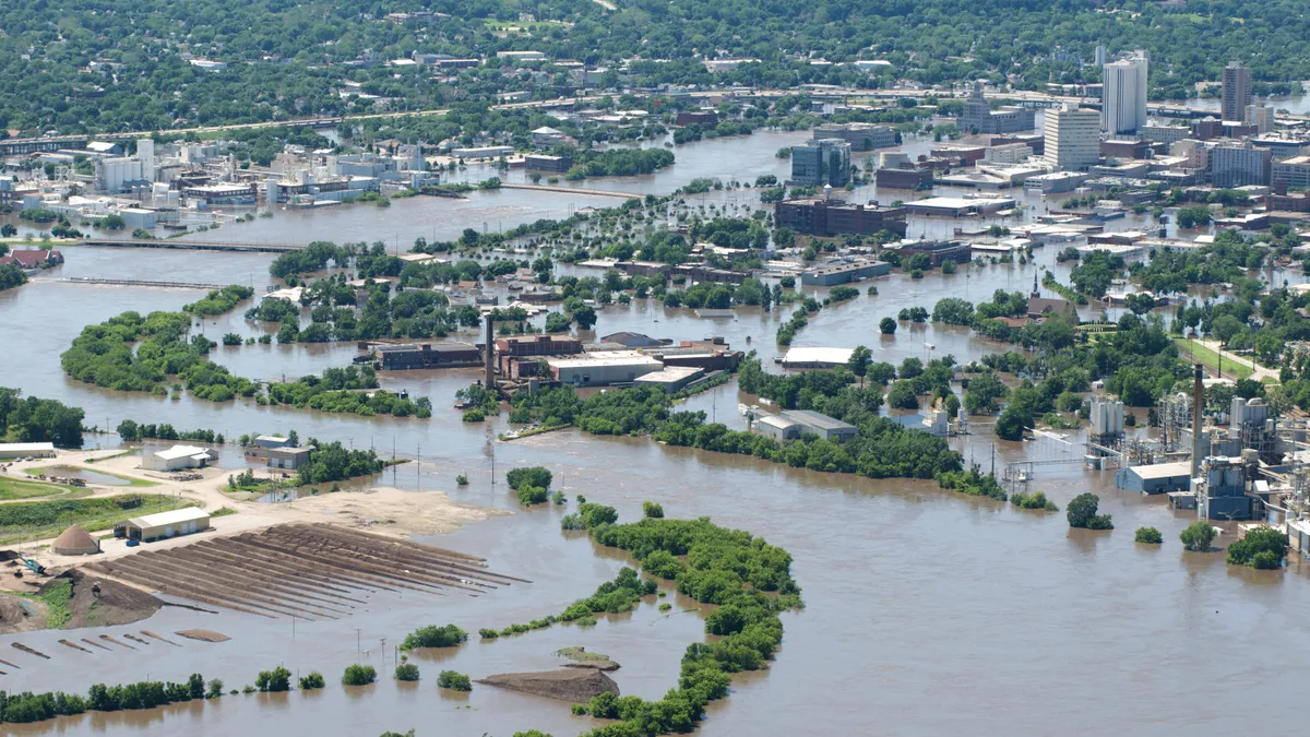 An aerial image of downtown shows flood-affected areas June 13, 2008 of Cedar Rapids, Iowa.