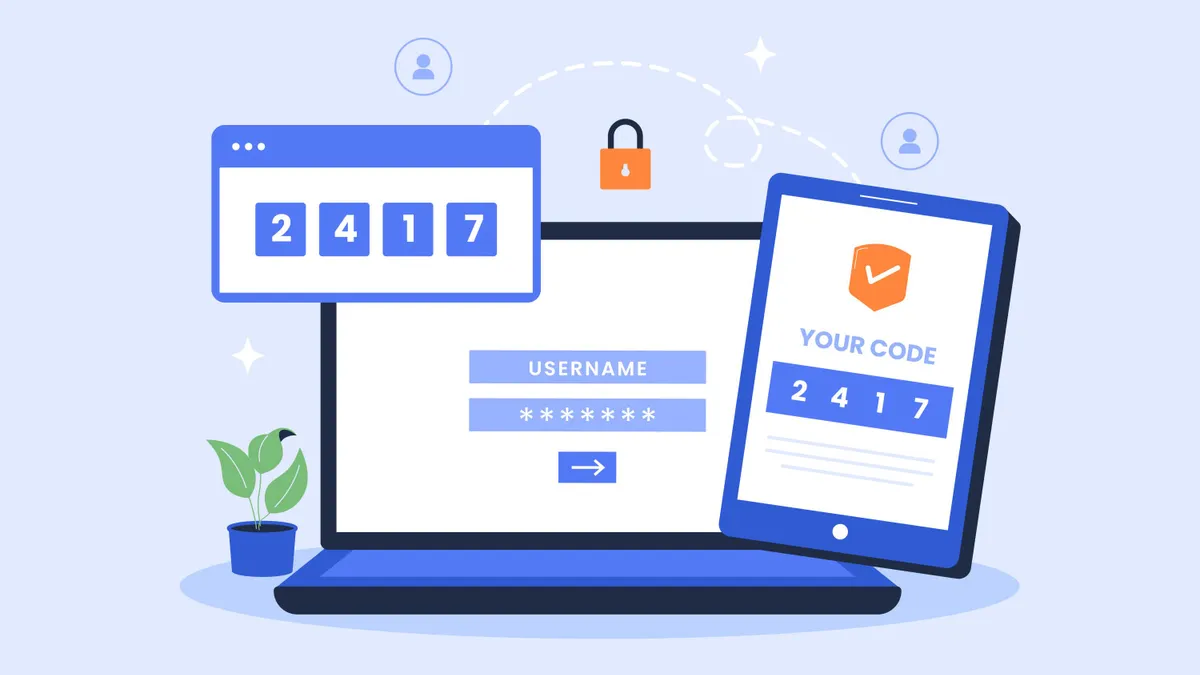 A graphic of a laptop and smartphone displaying a PIN code for multifactor authentication