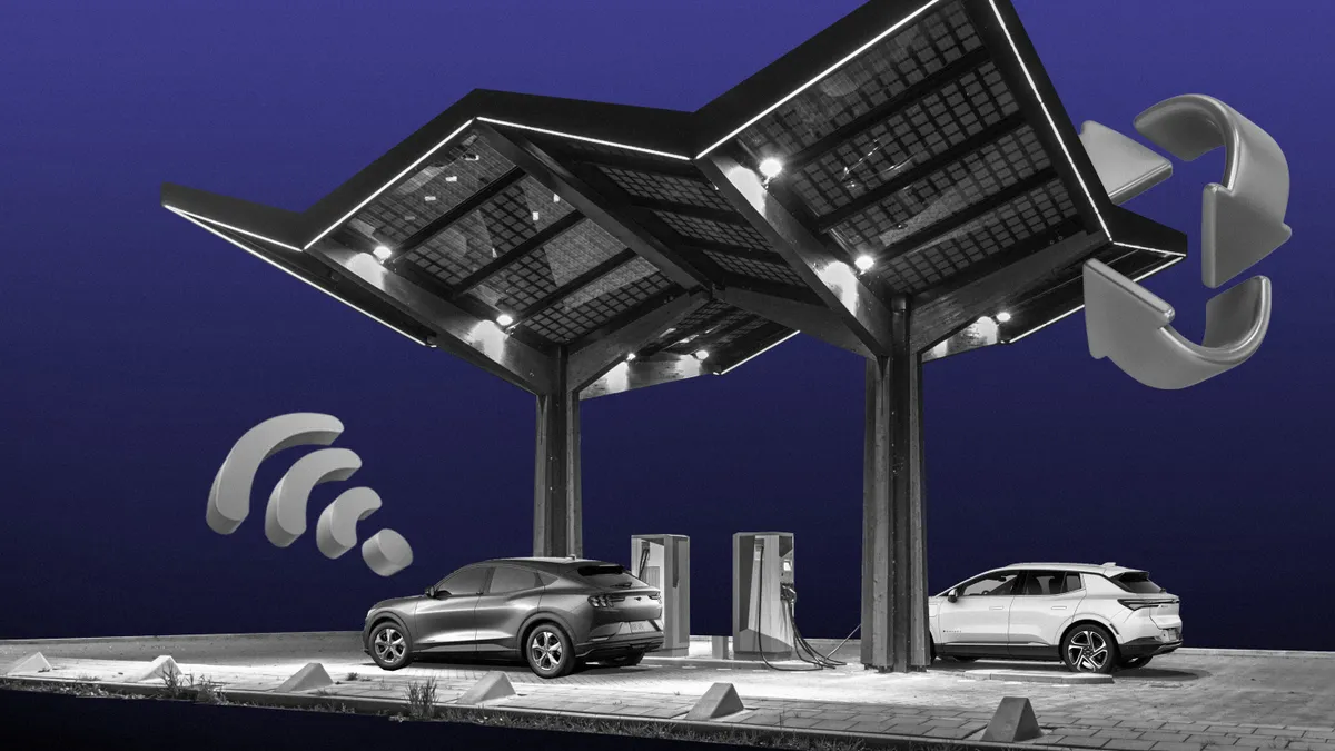 Two EV cars getting charged up with icons representing WiFi and connected systems