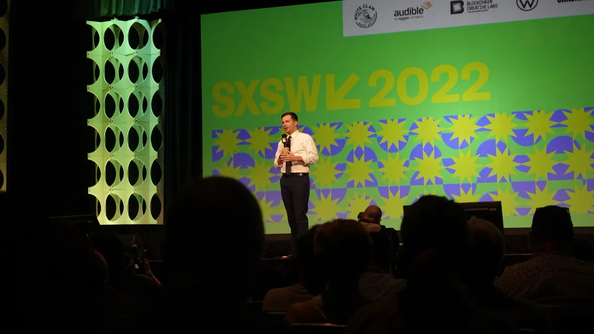 Transportation Secretary Pete Buttigieg holds town hall meeting on March 16, 2022 at SXSW in Austin, Texas.