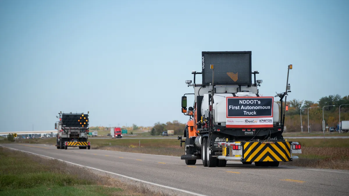 A North Dakota Department of Transportation autonomous follower truck test on a closed road.