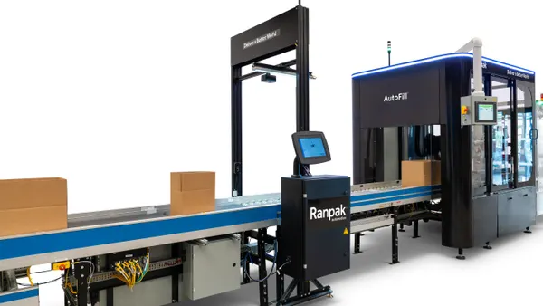 A view of an industrial machine with Ranpak's name and AutoFill branding on the exterior.