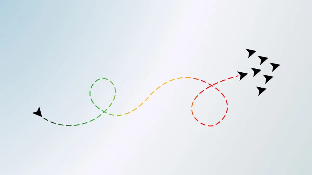 Black arrows follow dashed green, yellow, and red paths that loop and curve from the lower left toward a cluster in the upper right.