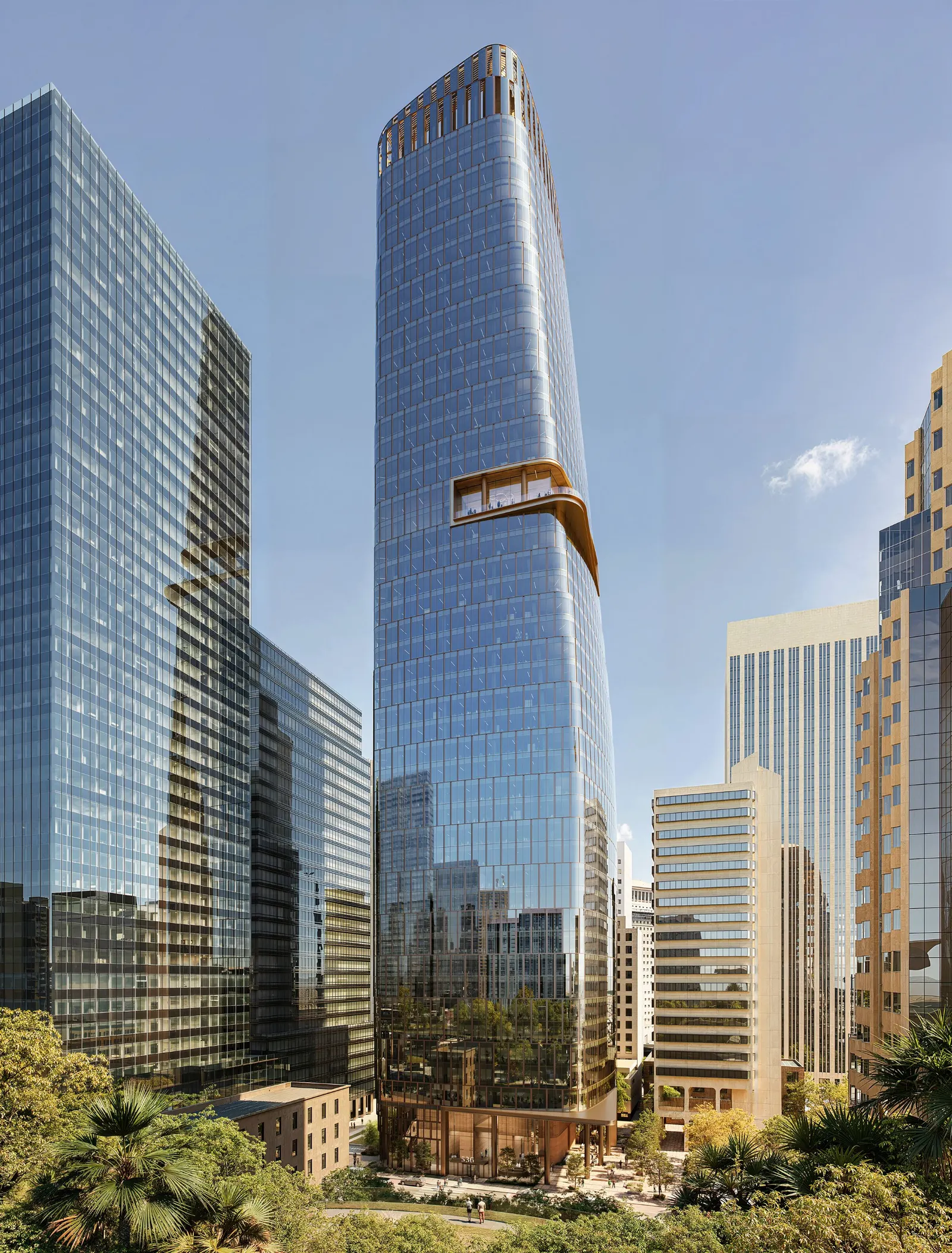 Rendering of a tall silver tower.