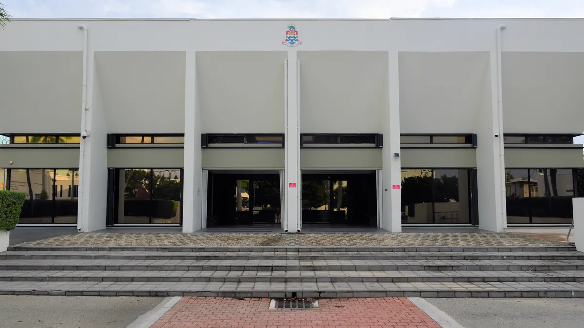The exterior of the Law Courts Building in the Cayman Islands.