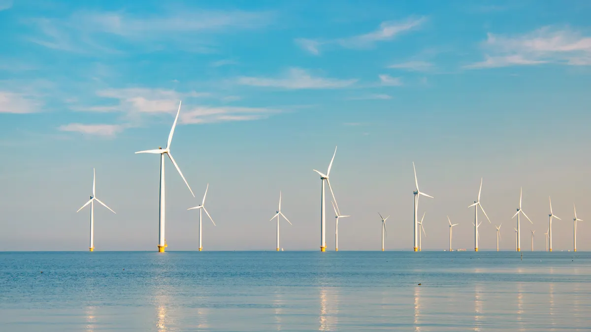 Wind turbines in the ocean against a blue sky