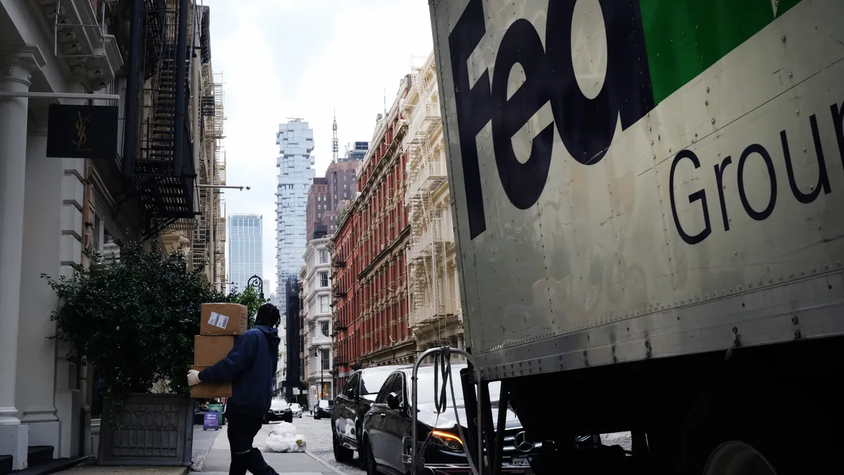 A FedEx truck makes deliveries in Manhattan on September 17, 2020 in New York City.