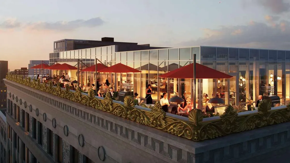 A rendering of a rooftop bar.