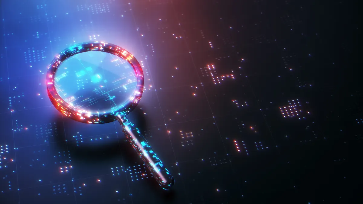 Magnifying Glass on Technological Background, Cybersecurity review