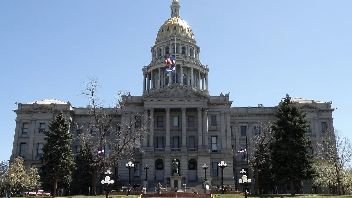A photo of the Colorado State Capitol Building in Denver, CO, on April 20, 2008.