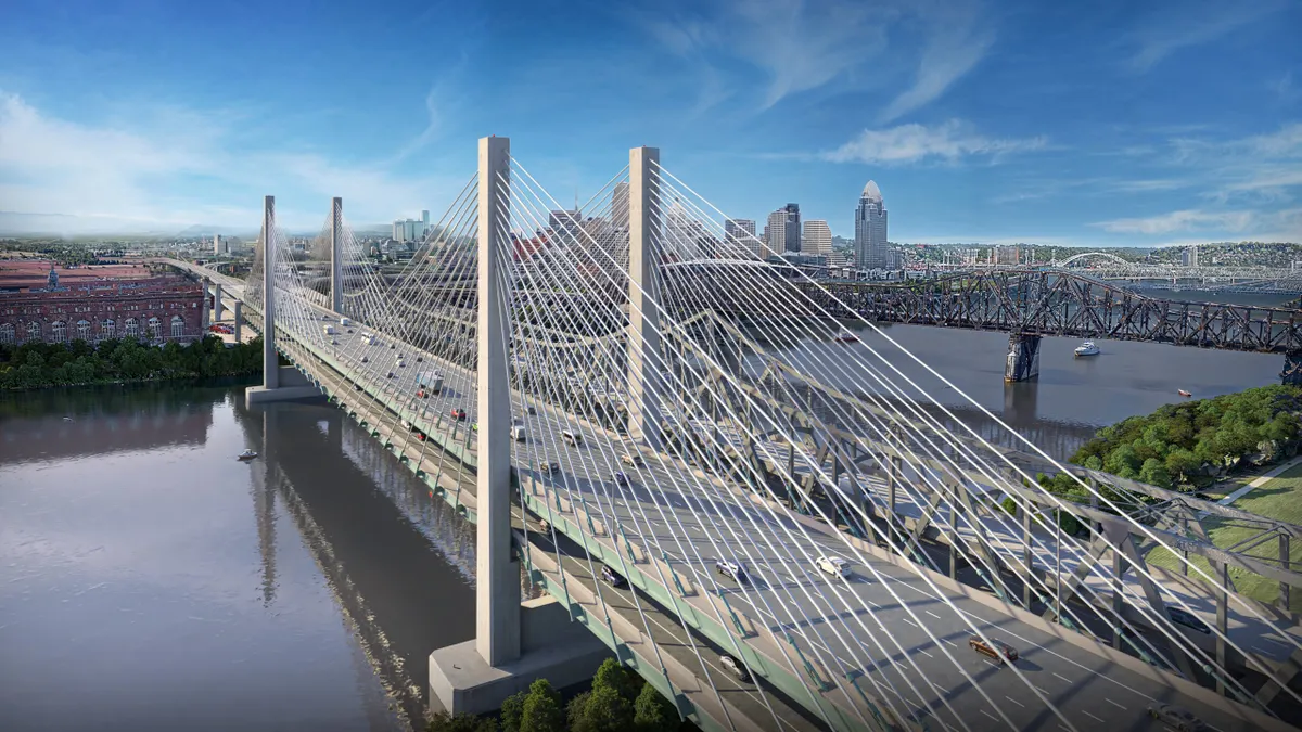A rendering of a large bridge that spans a river. A city can be seen in the background.