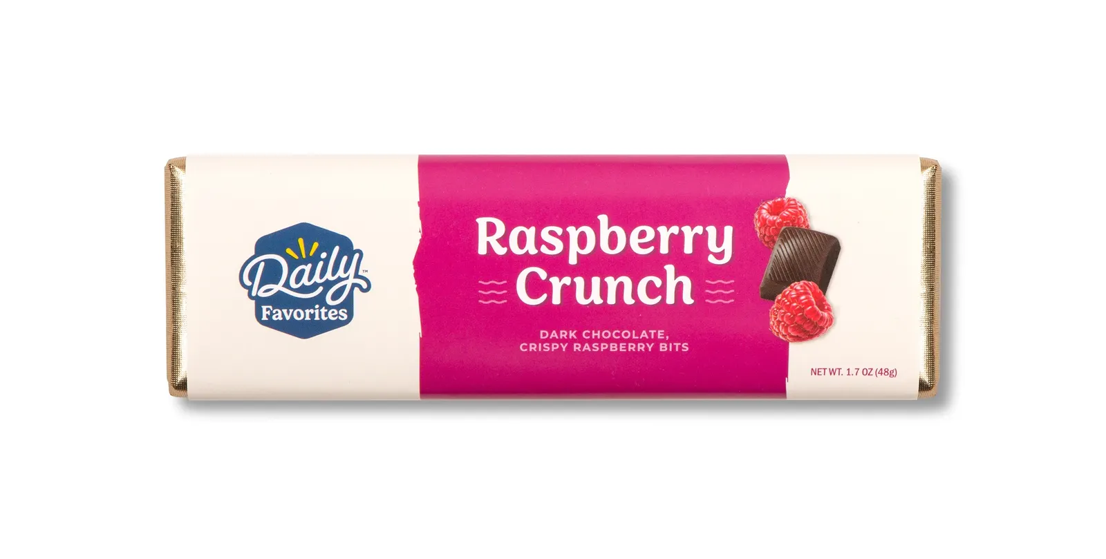 A photo of a candy bar against a white background. The wrapper is white and pink and says "Raspberry crunch. Dark Chocolate, crispy raspberry bits. Daily Favorites.