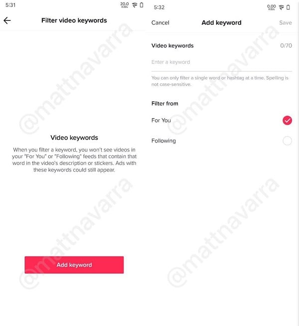TikTok keyword filters