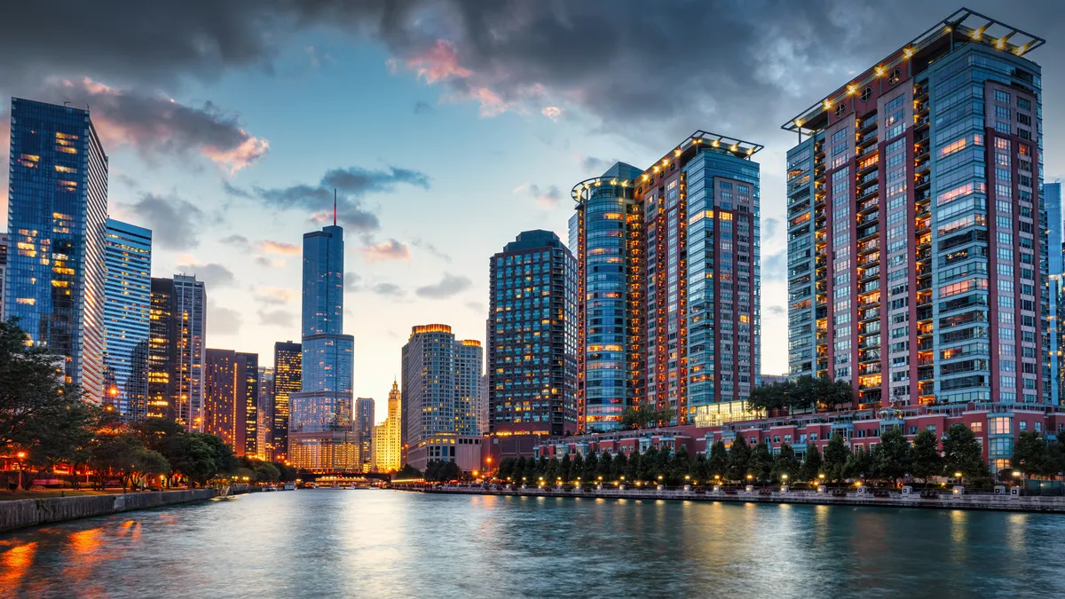 A city skyline with apartments.