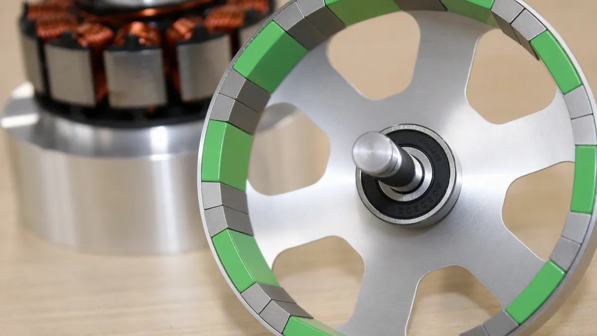A silver and lime green circular motor, with a silver, black and copper motor device in the background.