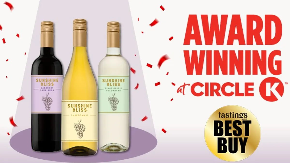 A graphic showing sunshine Hill wine bottles with the text "Award winning at Circle K, Tastings Best Buy.